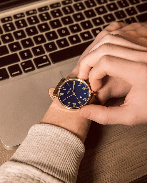 Bulova American Clipper Gold Blue Dial Classic Leather Watch Bulova
